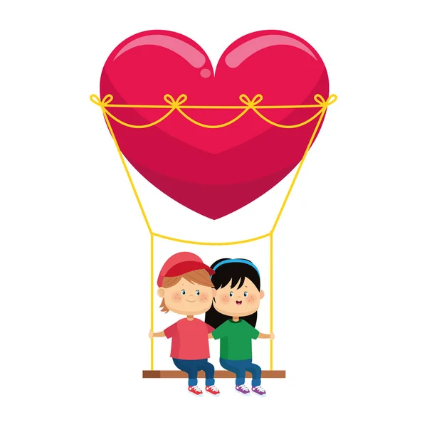 Boldog fiú és lány a szív swing, színes design — Stock Vector
