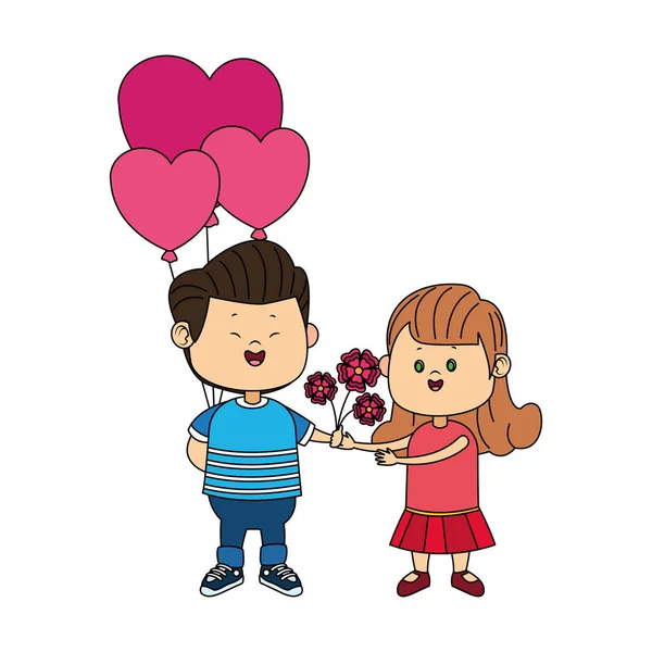 Feliz chico dando flores y el corazón globos de una chica — Vector de stock