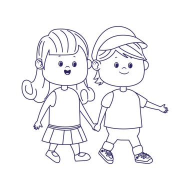 Çizgi filmdeki mutlu çocuk tatlı bir kızla yürüyor, düz tasarım.