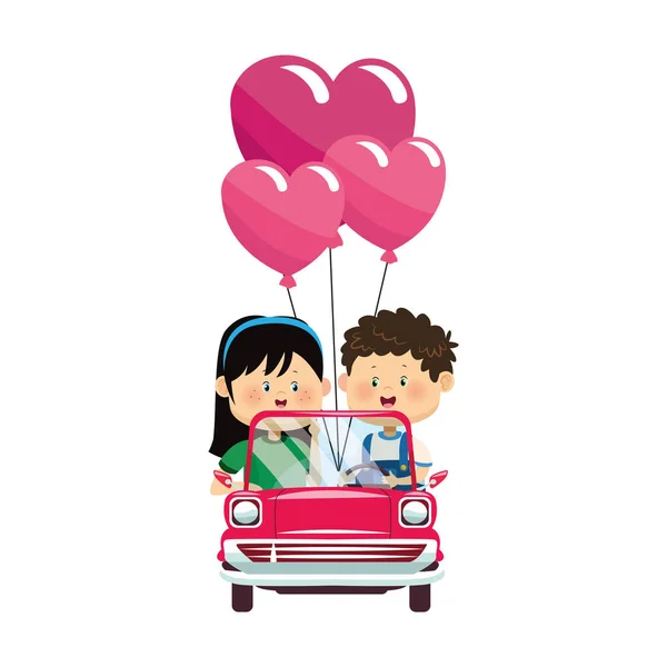 Glad pojke och flicka i en klassisk bil med hjärtballonger, färgglad design — Stock vektor