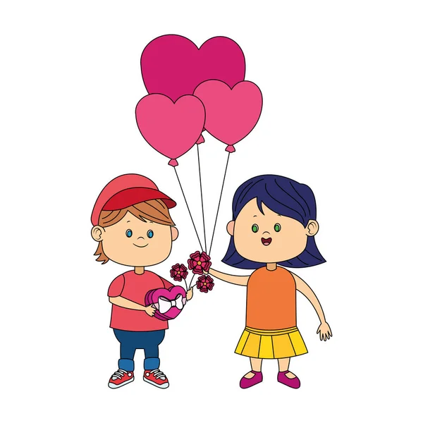 Słodkie chłopiec z kwiaty i dziewczyna z serca balony, kolorowy design — Wektor stockowy