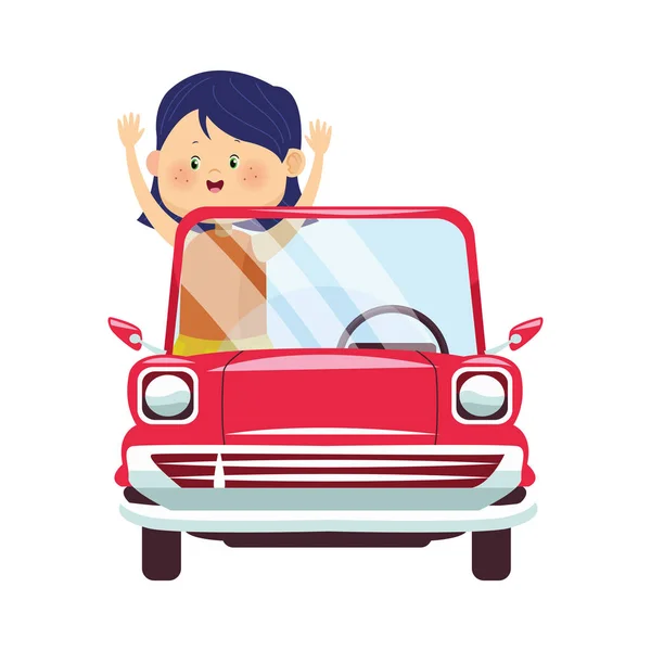 Mobil klasik merah dengan ikon gadis bahagia - Stok Vektor