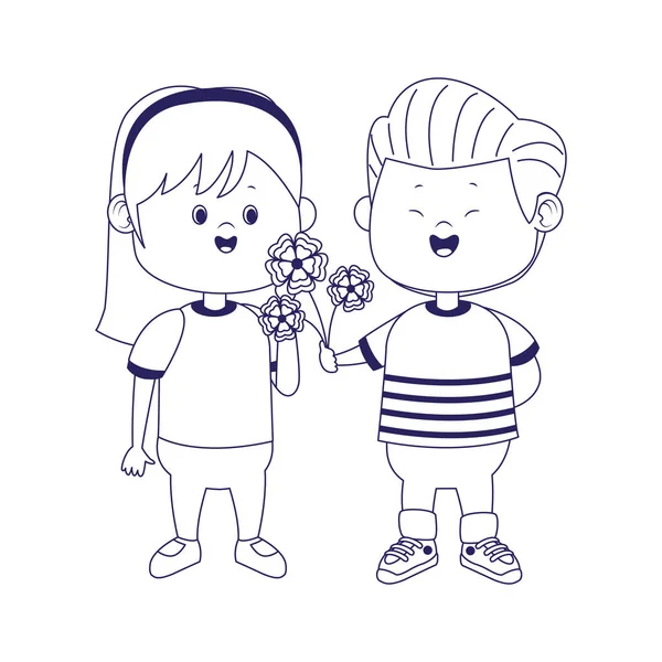 Niño feliz dando flores a una chica, diseño plano — Vector de stock