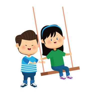 Salıncaktaki mutlu kız ve erkek, renkli tasarım.