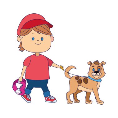 Çizgi filmdeki mutlu çocuk şirin bir köpekle yürüyor.