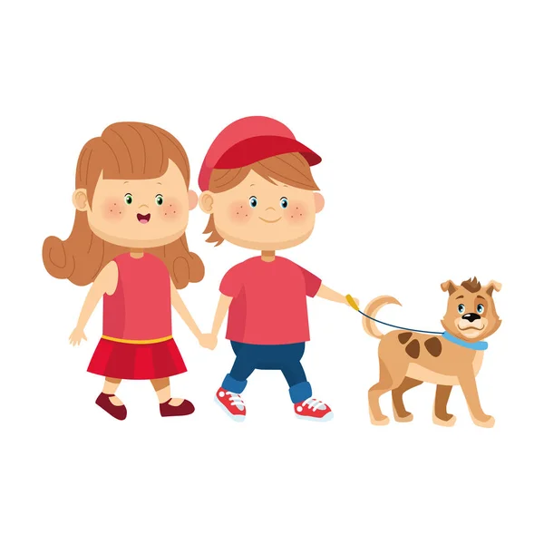 Casal feliz andando com cão bonito, design colorido — Vetor de Stock