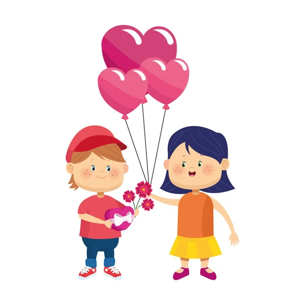 Menino bonito com flores e menina com balões de corações — Vetor de Stock