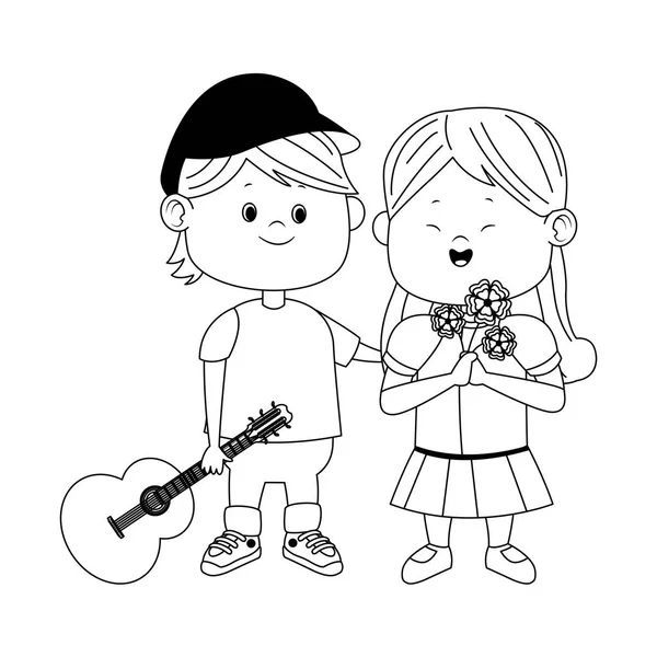 Lindo chico y chica con guitarra y flores, diseño plano — Vector de stock