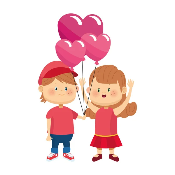 Szczęśliwy dziewczyna i chłopiec z serca balony, kolorowy design — Wektor stockowy