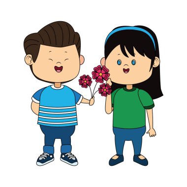 Mutlu çocuk bir kıza çiçek veriyor.