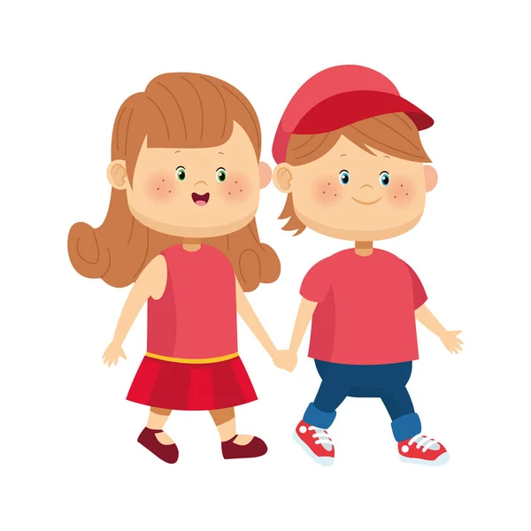 Dibujos animados niño feliz caminando con linda chica, diseño colorido — Vector de stock