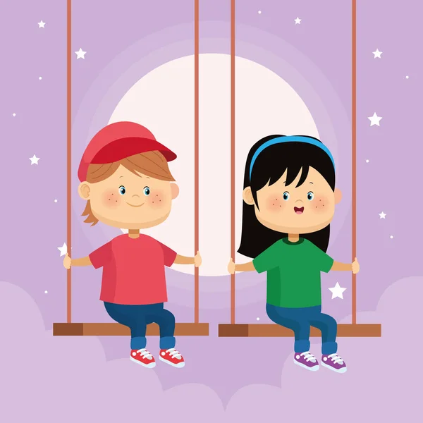 Cute little kids couple in swing characters — 스톡 벡터