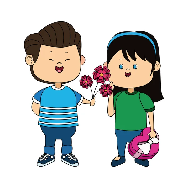 Χαρούμενο κορίτσι και αγόρι με λουλούδια και σοκολατένιο κουτί — Διανυσματικό Αρχείο