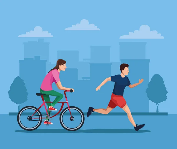 Pareja de atletas en bicicleta y corriendo personajes — Vector de stock