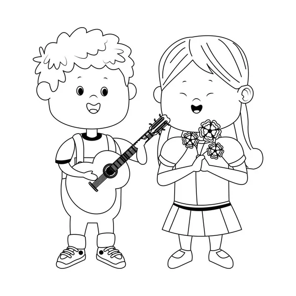 Lindo chico con guitarra y chica con flores, diseño plano — Vector de stock