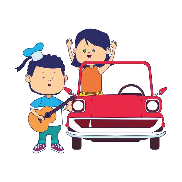 Niño de dibujos animados cantando y tocando la guitarra y la chica en el coche clásico, diseño colorido — Archivo Imágenes Vectoriales