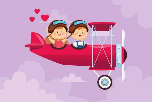 Bonito crianças casal no avião voando — Vetor de Stock