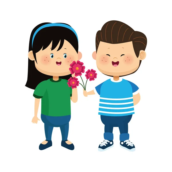Ευτυχισμένο αγόρι δίνει λουλούδια ένα κορίτσι, πολύχρωμο σχέδιο — Διανυσματικό Αρχείο