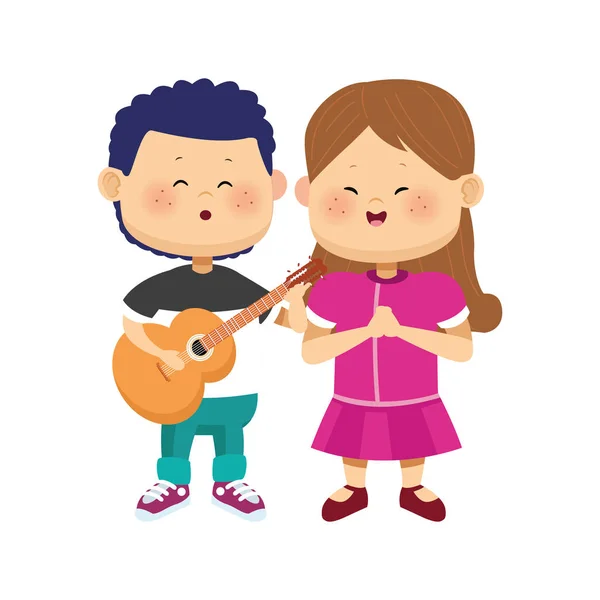 Lindo chico y chica de pie con la guitarra, diseño colorido — Vector de stock