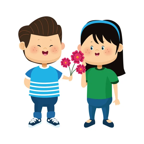 Niño feliz dando flores una chica, diseño colorido — Vector de stock