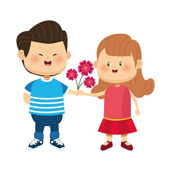 Niño feliz dando flores un icono de chica, diseño colorido — Vector de stock