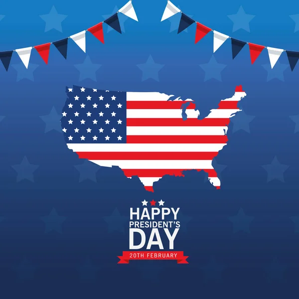 Χαρούμενη αφίσα ημέρα πρόεδροι με ΗΠΑ χάρτη και σημαία — Διανυσματικό Αρχείο