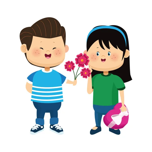 Glückliche Mädchen und Jungen mit Blumen und Schokoladenschachtel, buntes Design — Stockvektor