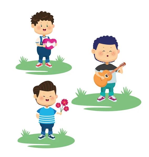 Feliz grupo de niños haciendo actividades personajes — Vector de stock