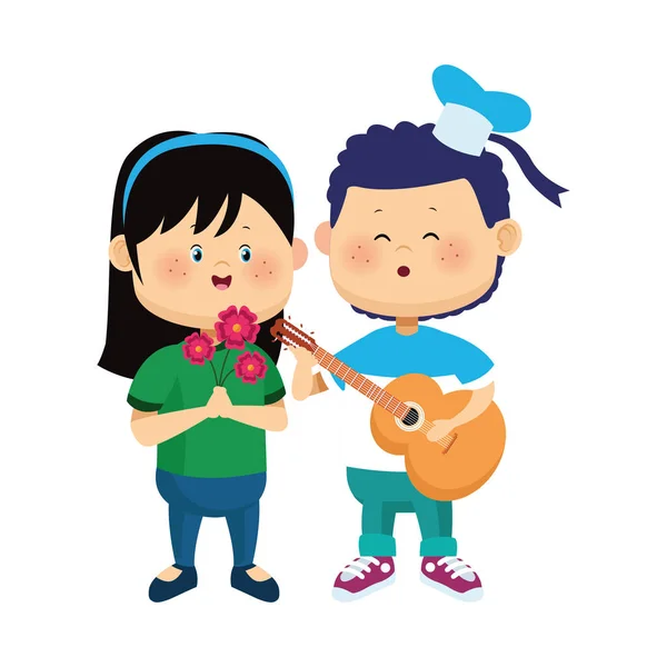 Cartoon boy playing guitar and singing to a happy girl, colorful design — 스톡 벡터