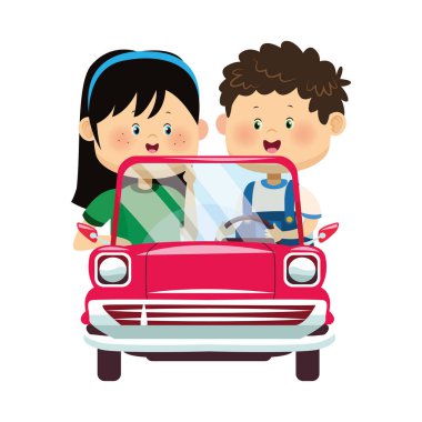 Mutlu çocuk ve kız klasik arabada, renkli tasarım.