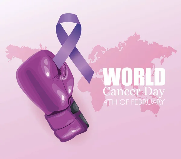 World cancer day poster with glove boxing and ribbon — 스톡 벡터