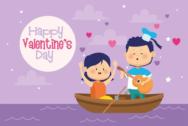 Linda pareja de niños en canoa tarjeta de día de San Valentín — Vector de stock