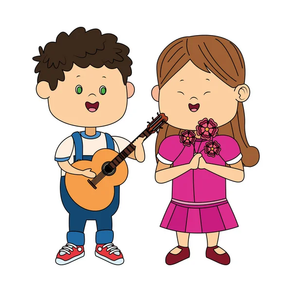 Cute boy with guitar and girl with flowers, colorful design — 스톡 벡터