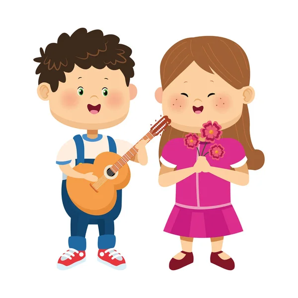 Cute boy with guitar and girl with flowers — 스톡 벡터