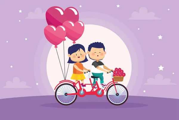 Lindo niños pareja amantes en bicicleta con globos helio — Vector de stock