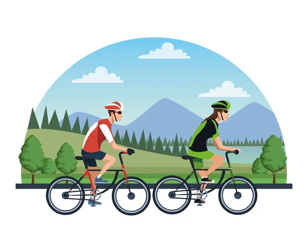 Pareja de atletas en personajes de bicicleta — Vector de stock