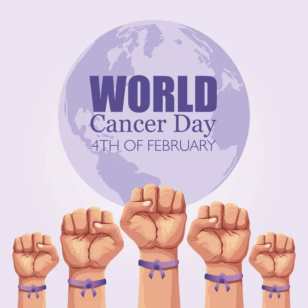 Cartaz do dia mundial do câncer com as mãos e fita — Vetor de Stock