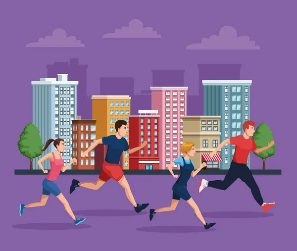 Grupo de personas corriendo por la ciudad — Archivo Imágenes Vectoriales