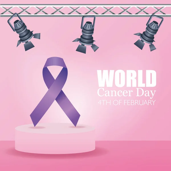 Cartaz do dia mundial do câncer com fita e lâmpadas — Vetor de Stock