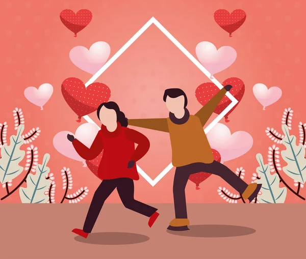 Νέοι εραστές ζευγάρι με χειμωνιάτικα ρούχα και την εποχή του έρωτα — Διανυσματικό Αρχείο