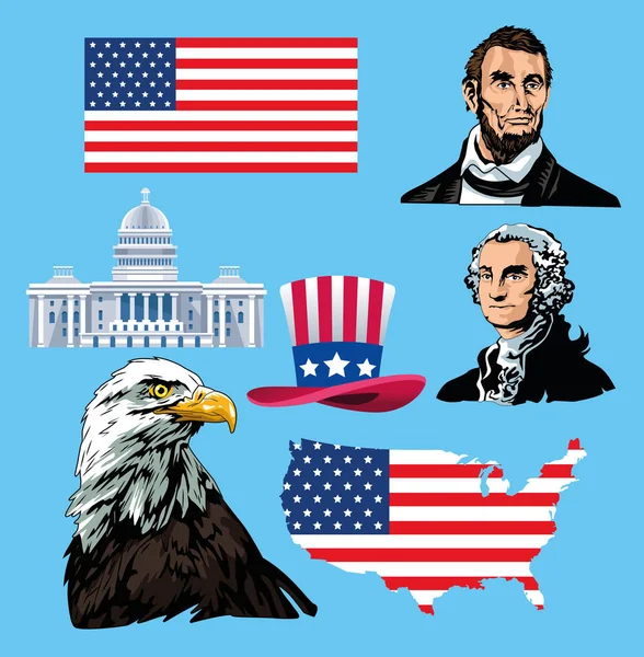 Cartaz dia presidentes felizes com ícones conjunto — Vetor de Stock
