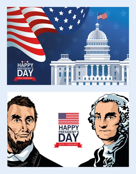 Poster hari presiden bahagia dengan Lincoln dan Washington - Stok Vektor