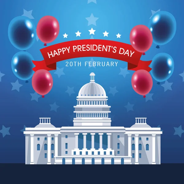 Presidents day poster with usa capitol and balloons helium — Stock Vector