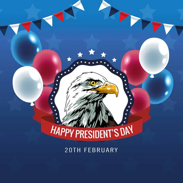 Mutlu başkanlar günü posteri, kartal ve balonlarla helyum — Stok Vektör