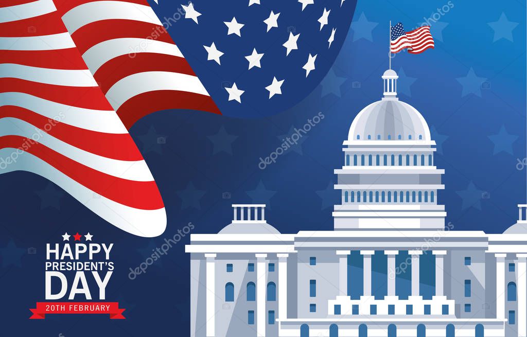 happy presidents day poster with usa capitol building and flag