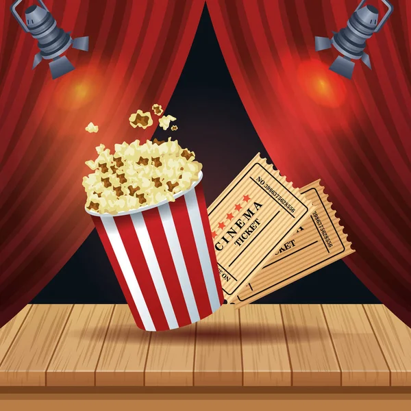 Entretenimiento de cine con maíz pop y entradas — Vector de stock