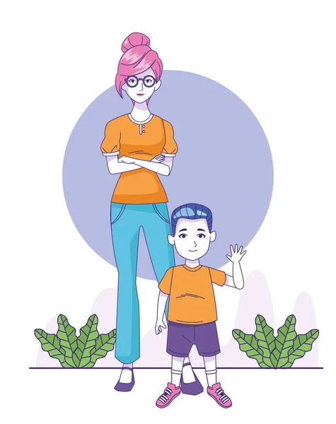 Kreslené žena s malým chlapcem stojící, barevný design — Stockový vektor