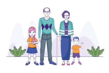 Çizgi film dedeleri ve küçük çocukları ayakta, renkli tasarım.