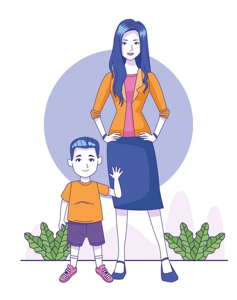 Tecknad kvinna med liten pojke ikon, färgglad design — Stock vektor