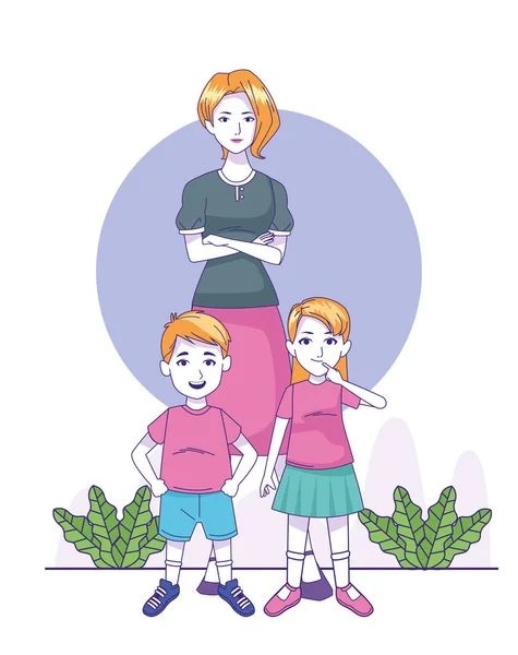 Femme dessin animé avec des petits enfants debout — Image vectorielle